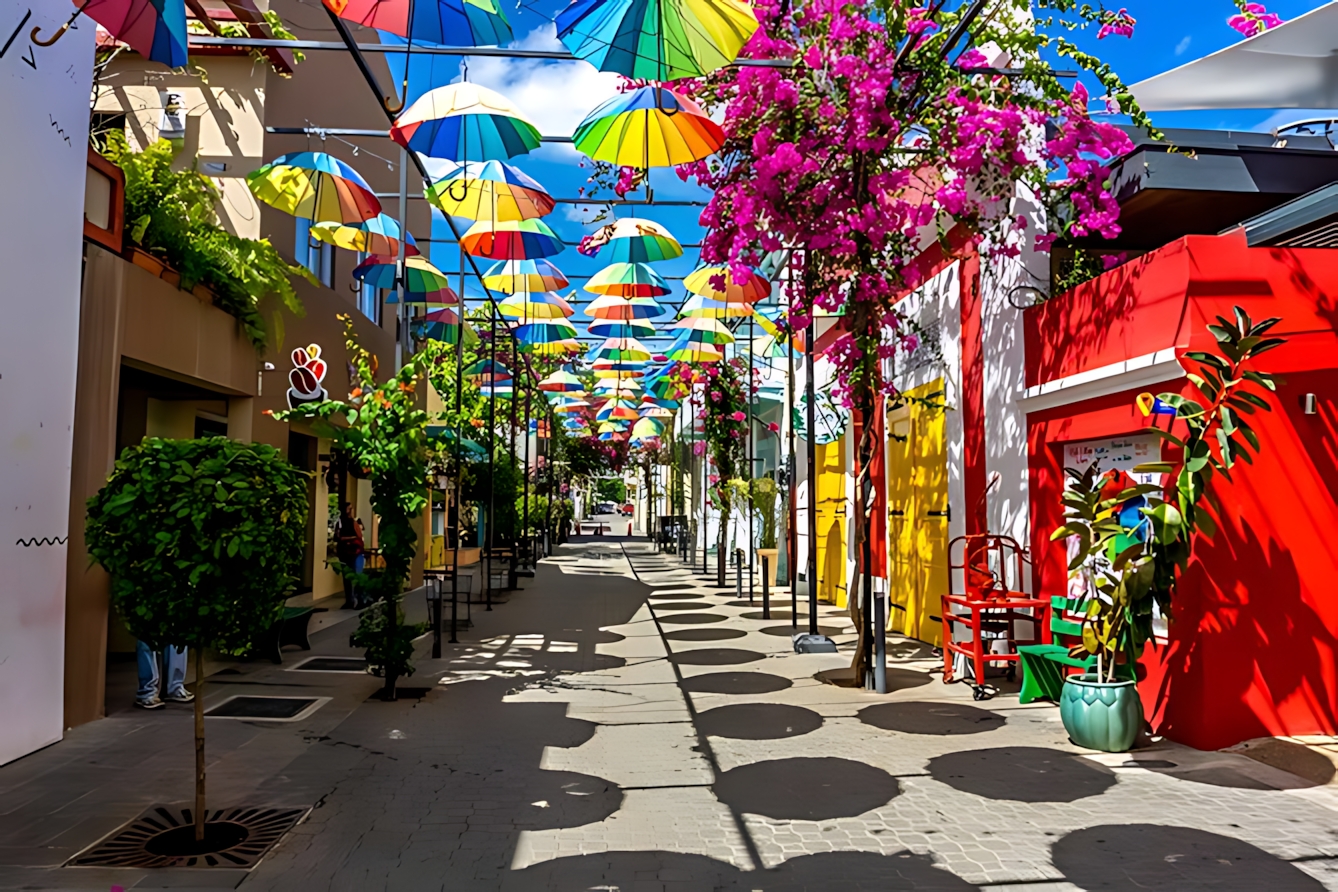 Historic colonial architecture decorated with colorful festival flags